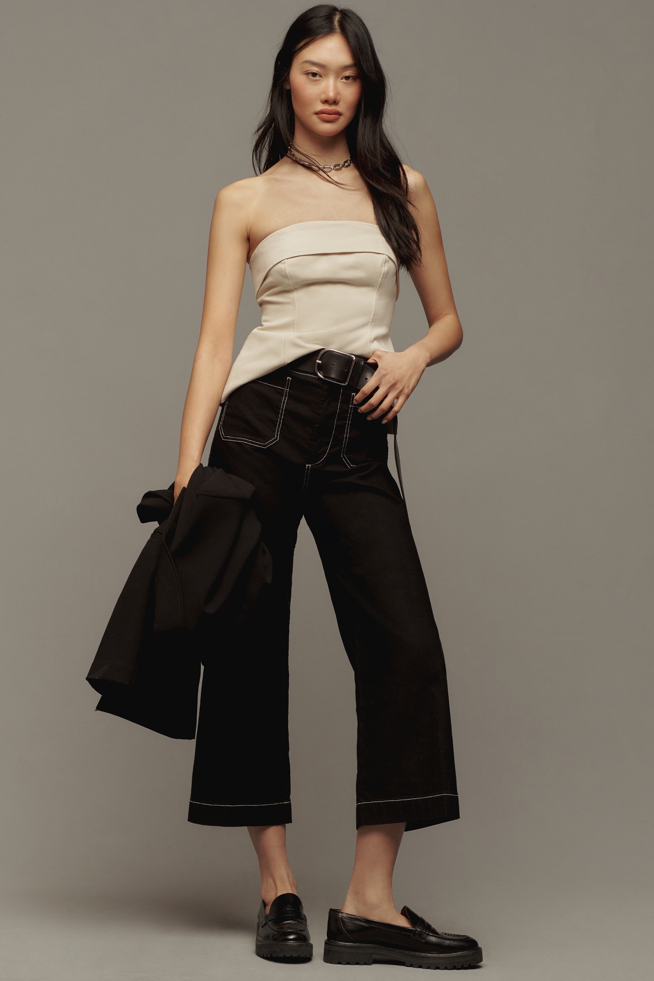 The Colette Contrast-Stitch Cropped Wide-Leg Pants by Maeve