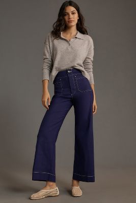 Shop The Colette Collection By Maeve The Colette Cropped Wide-leg Pants By Maeve: Contrast-stitch Edition In Blue