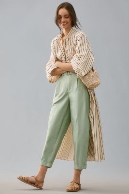 Maeve Belted Tapered Cropped Trousers In Green