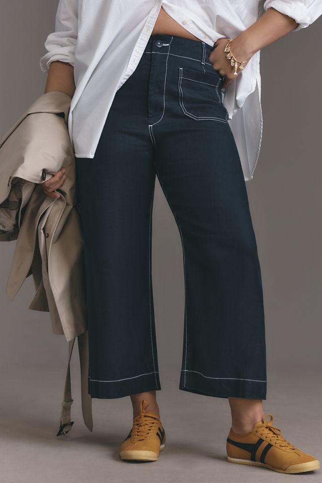The Colette Contrast-Stitch Linen Crop Wide-Leg Pants by Maeve #5