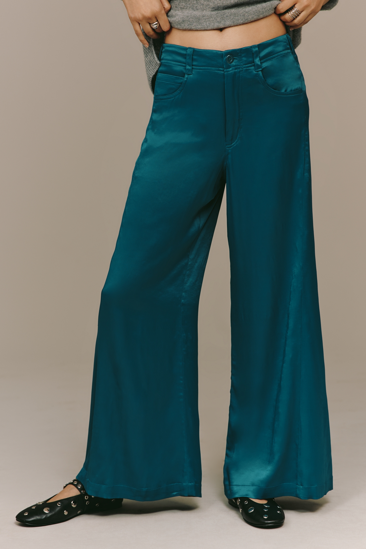 The Adi Silky Mid-Rise Flare Pants by Pilcro