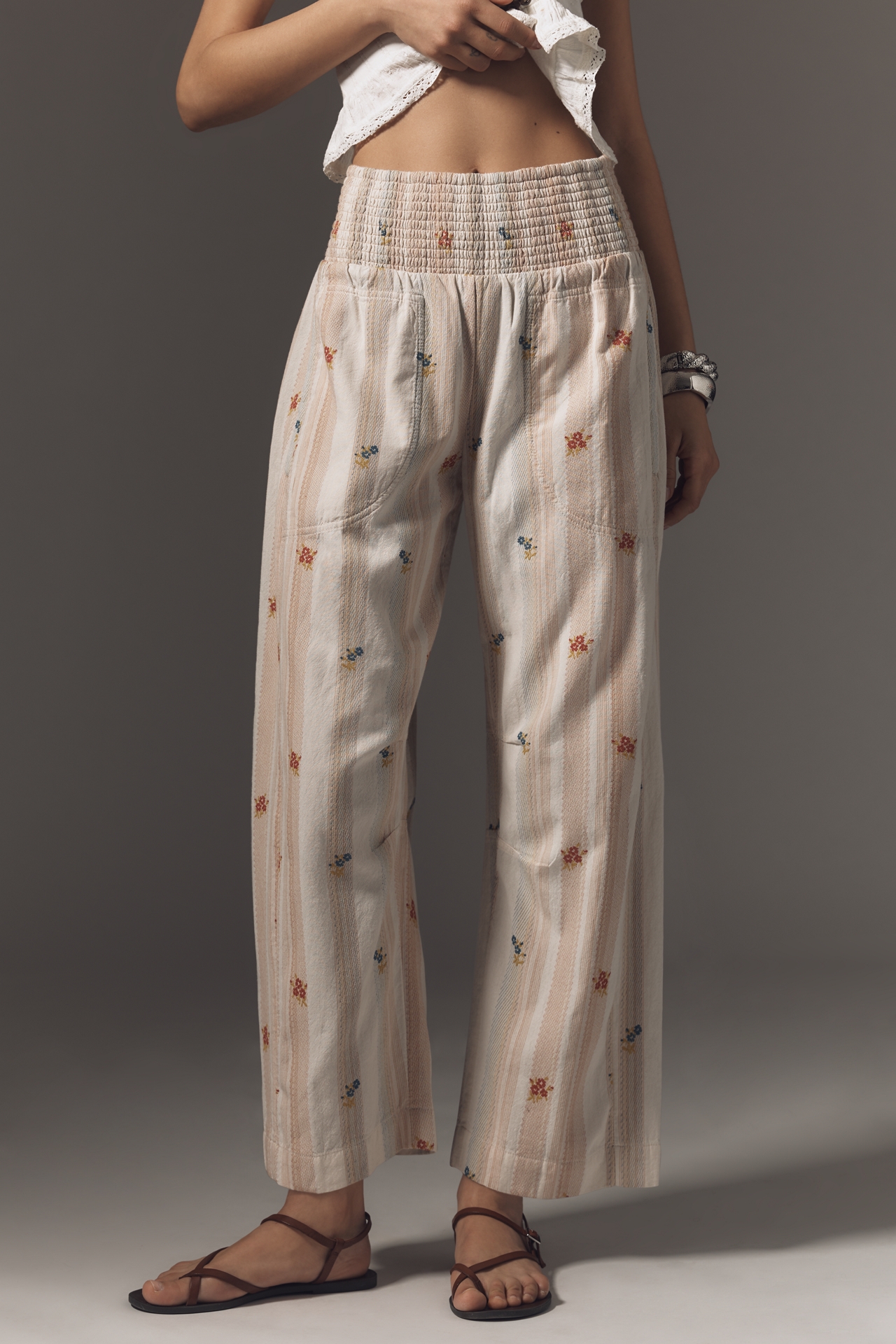 The Reese Printed Smocked Pull-On Barrel Pants by Pilcro