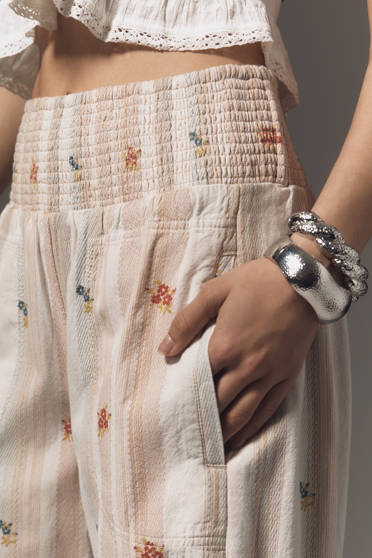 The Reese Printed Smocked Pull-On Barrel Pants by Pilcro