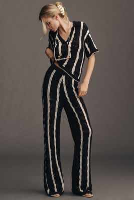 Central Park West Mid-Rise Open-Stitch Striped Sweater Pants