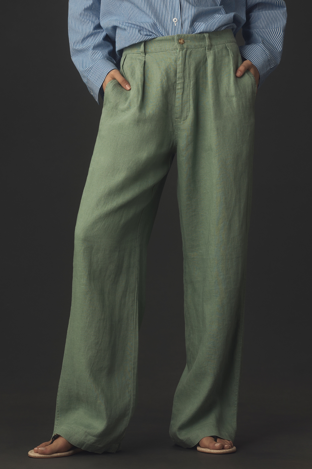 Denimist Double-Pleat Wide-Leg Linen Pants