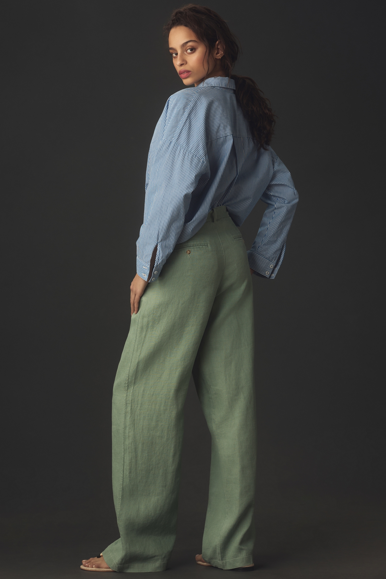 Denimist Double-Pleat Wide-Leg Linen Pants