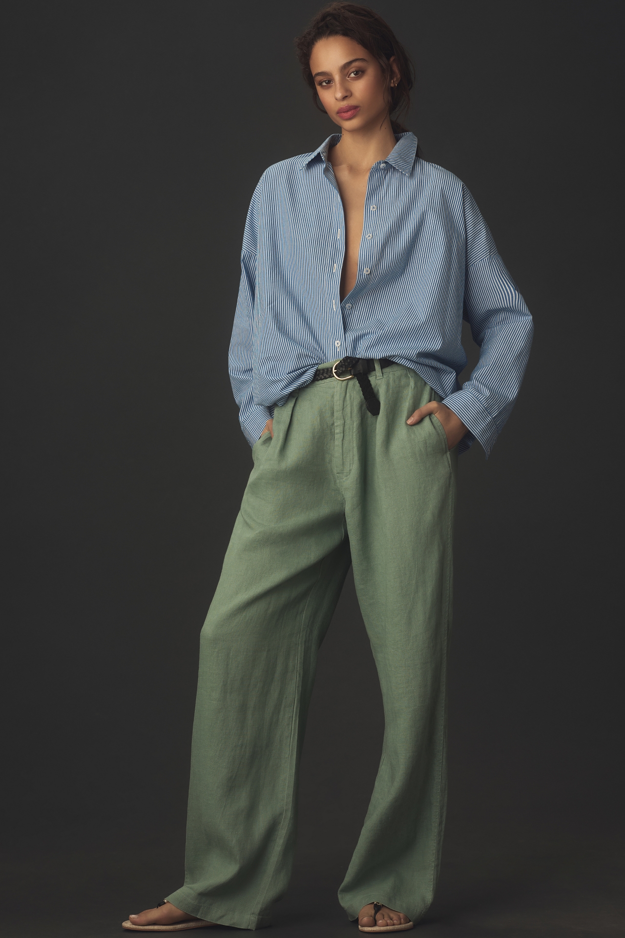 Denimist Double-Pleat Wide-Leg Linen Pants