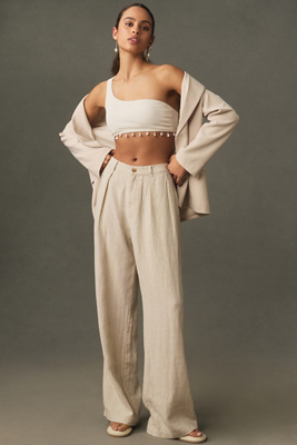 Shop Denimist Double-pleat Linen Wide-leg Pants In Beige