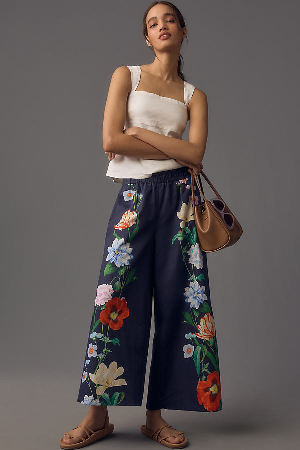 The Somerset Collection By Anthropologie The Somerset Pull-on Pants: Printed Linen Edition In Blue