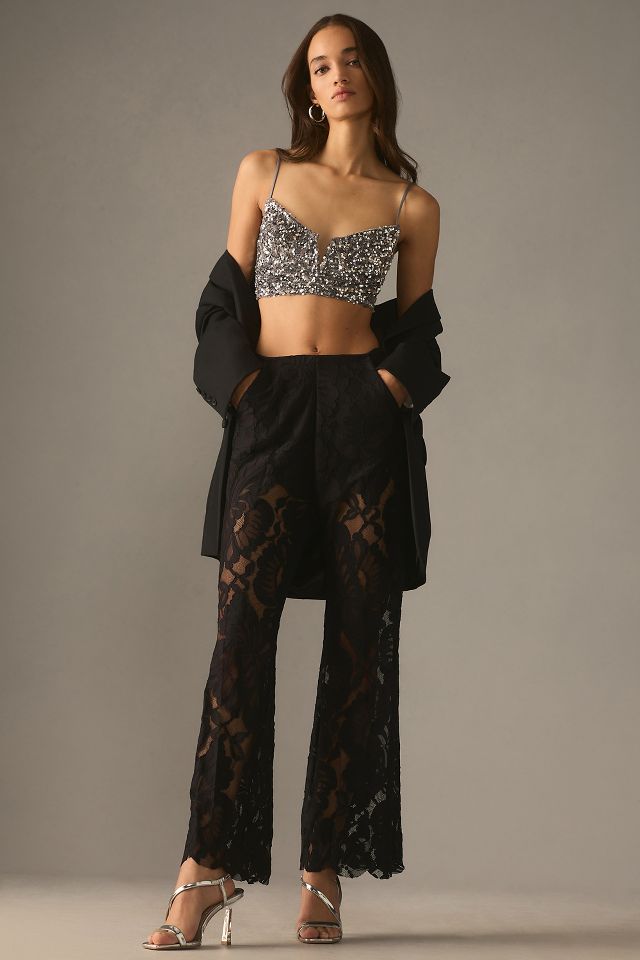 Black Sheer Lace High Waist Flared Trousers