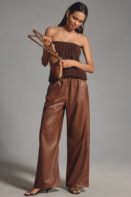 Shop Exquise Brenna Faux Leather Wide-leg Pants In Brown