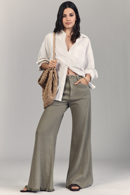 Pilcro The Adi Mid-rise Frayed Relaxed Flare Pants By : Linen Edition In Green