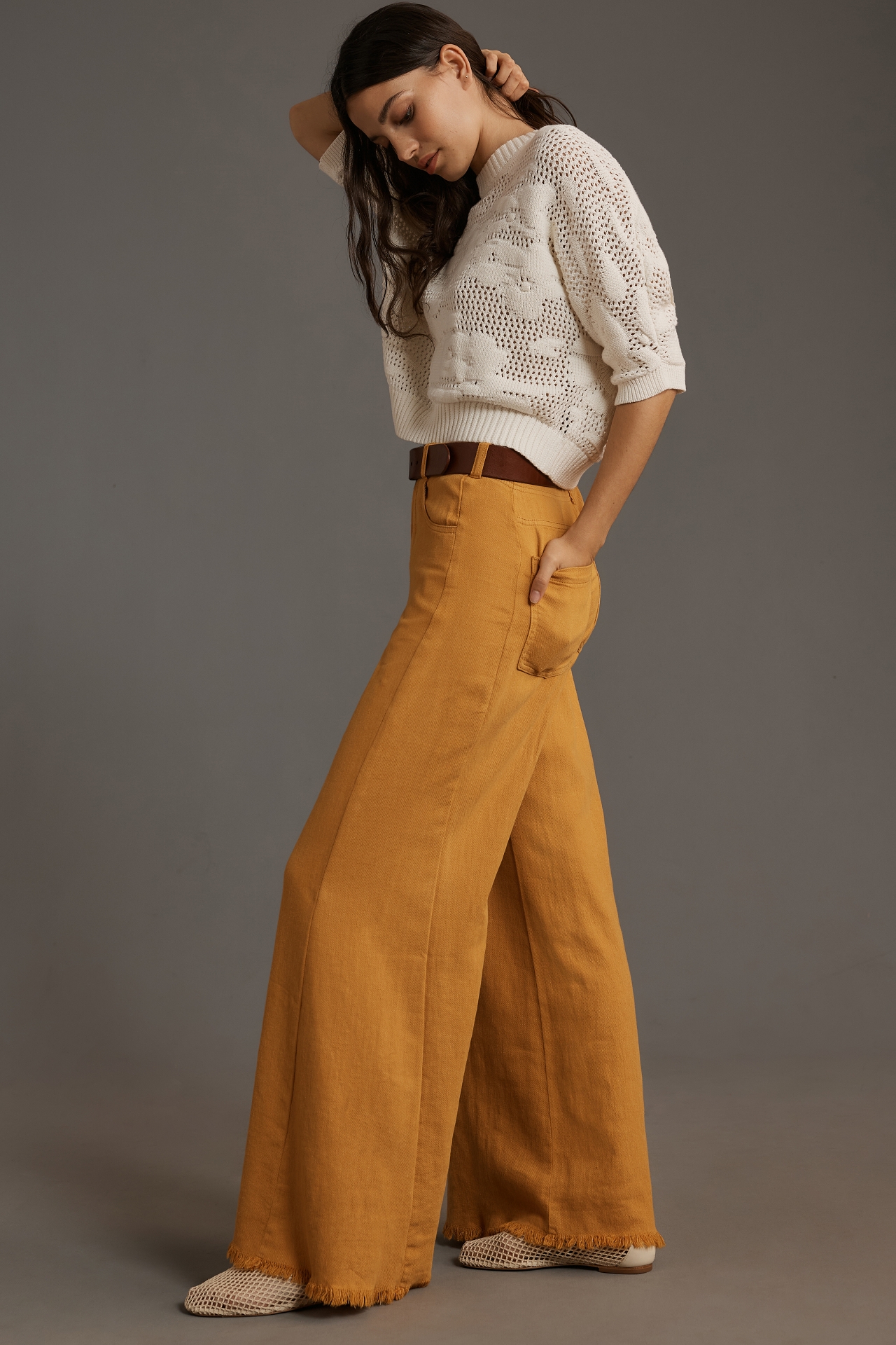 The Adi Mid-Rise Frayed Relaxed Flare Pants by Pilcro: Linen Edition