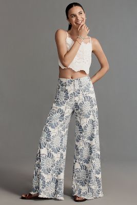 PILCRO THE ADI MID-RISE FRAYED RELAXED FLARE PANTS BY PILCRO: PRINTED LINEN EDITION 