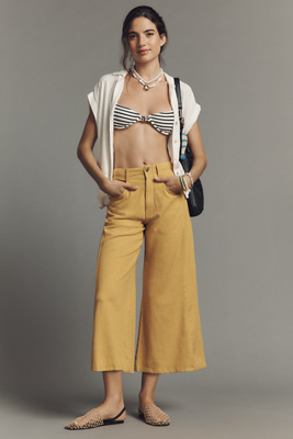 Pilcro The Adi Mid-rise Frayed Relaxed Cropped Flare Pants By : Linen Blend Edition In Nude