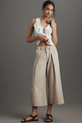 PILCRO LINEN-BLEND CROP WIDE-LEG CHINO PANTS 