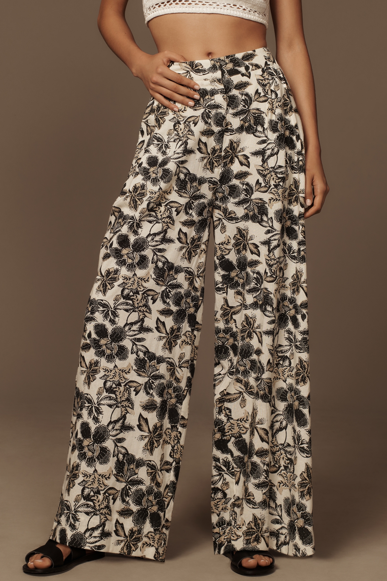 Ollari Linen Floral Wide-Leg Trousers