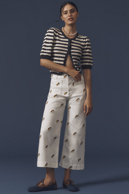 Maeve The Colette Cropped Wide-leg Pants By : Embroidered Fishing Edition In Beige