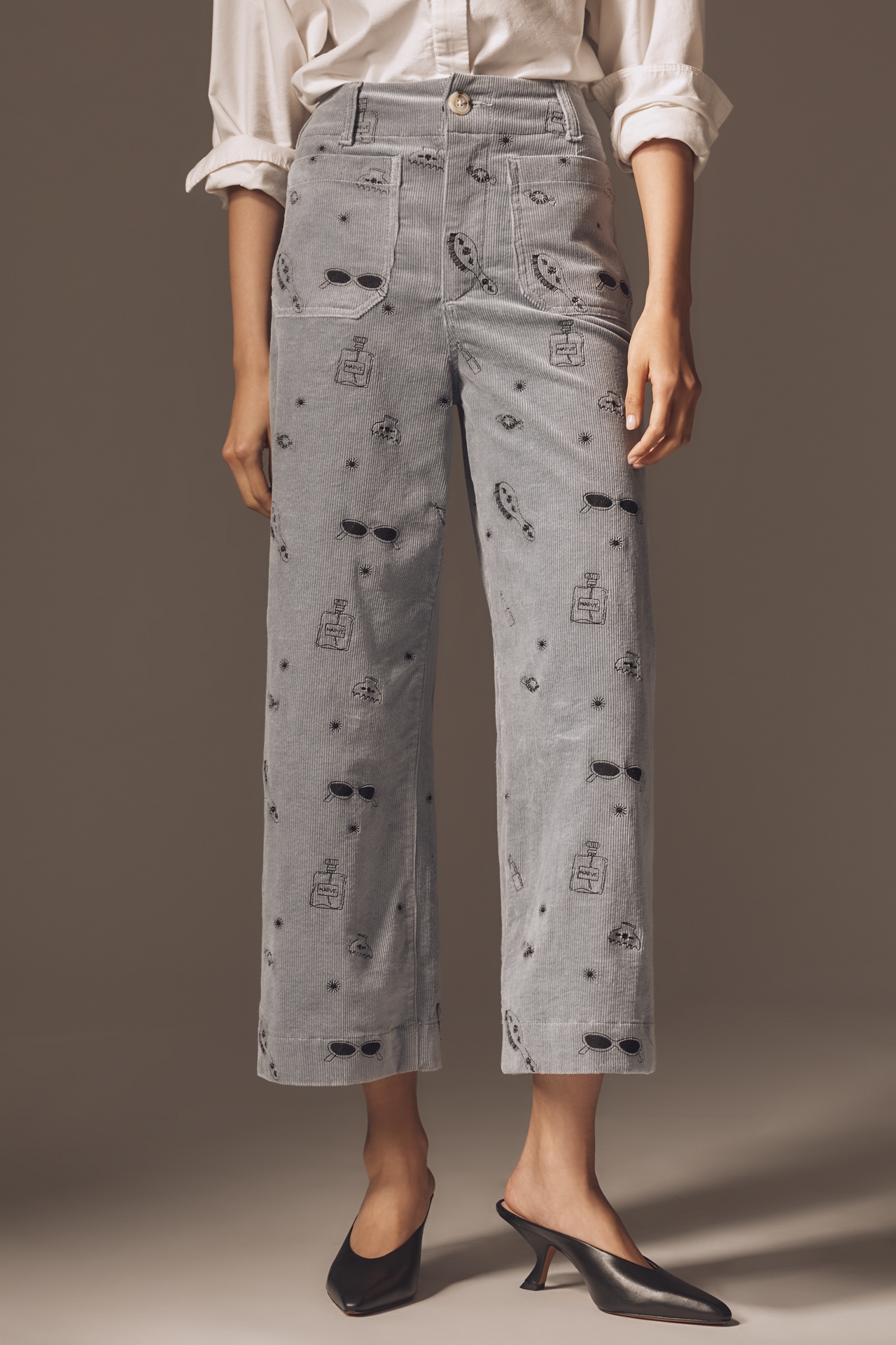 The Colette Crop Wide-Leg Embroidered Corduroy Pants by Maeve