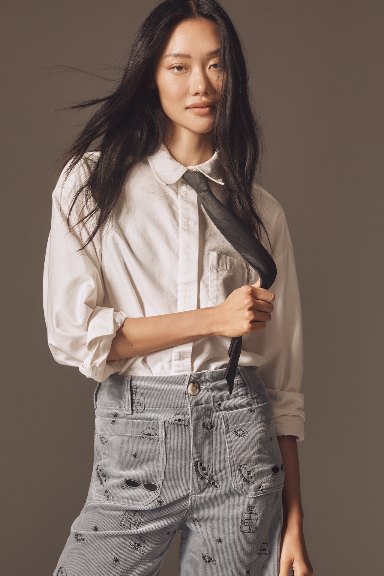 The Colette Crop Wide-Leg Embroidered Corduroy Pants by Maeve