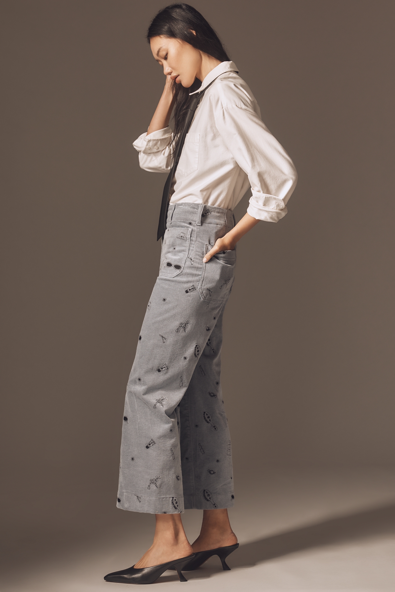 The Colette Crop Wide-Leg Embroidered Corduroy Pants by Maeve