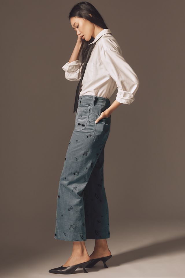The Colette Crop Wide-Leg Embroidered Corduroy Pants by Maeve #3