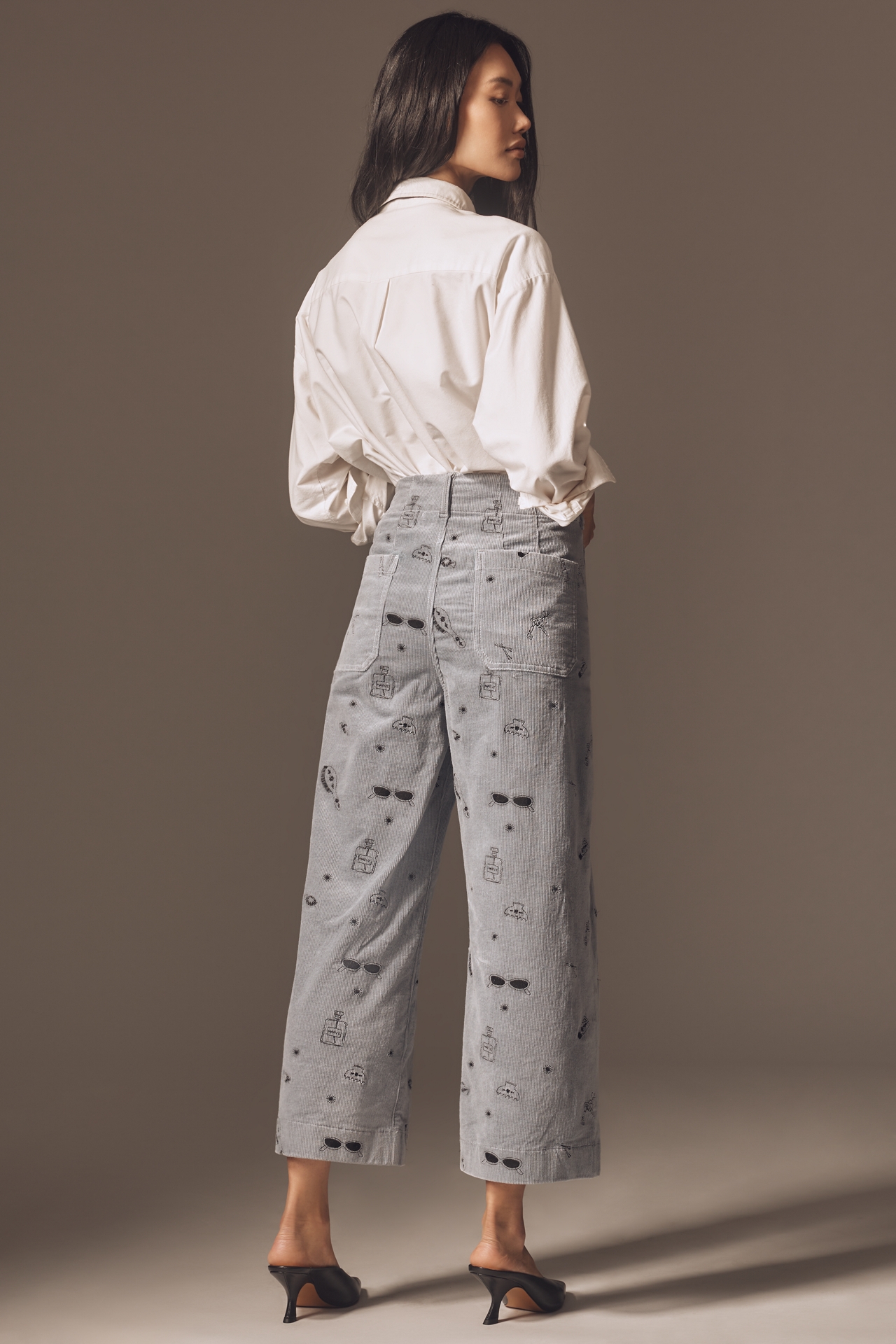 The Colette Crop Wide-Leg Embroidered Corduroy Pants by Maeve