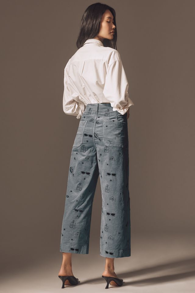 The Colette Crop Wide-Leg Embroidered Corduroy Pants by Maeve #4
