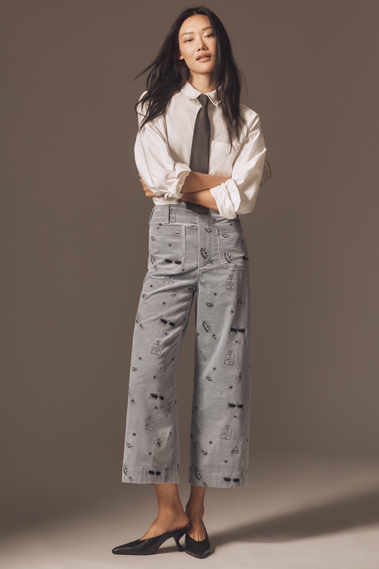 The Colette Crop Wide-Leg Embroidered Corduroy Pants by Maeve
