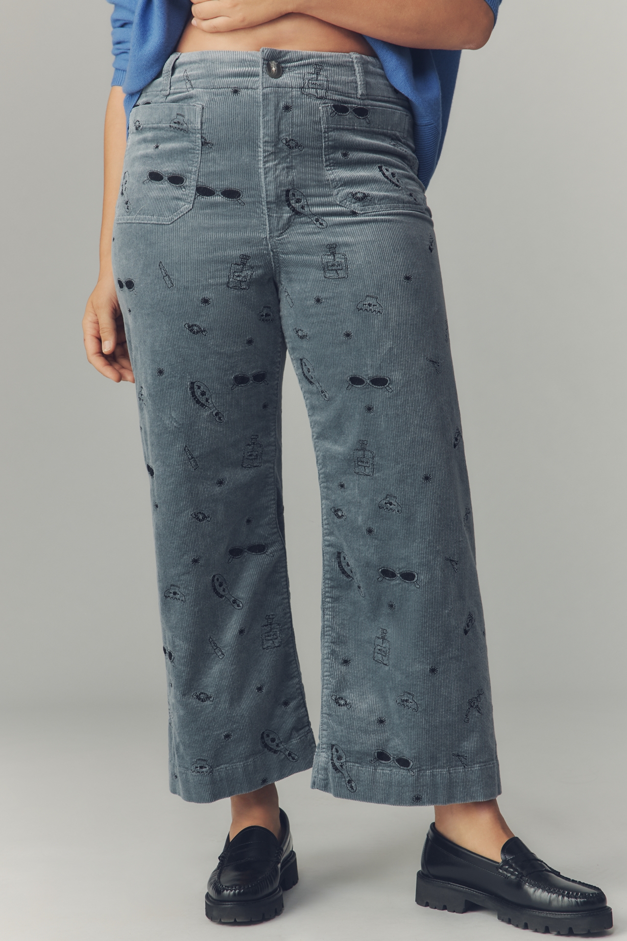 The Colette Crop Wide-Leg Embroidered Corduroy Pants by Maeve