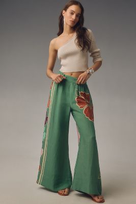 Shop Farm Rio X Anthropologie Linen Floral Wide-leg Pants In Multicolor