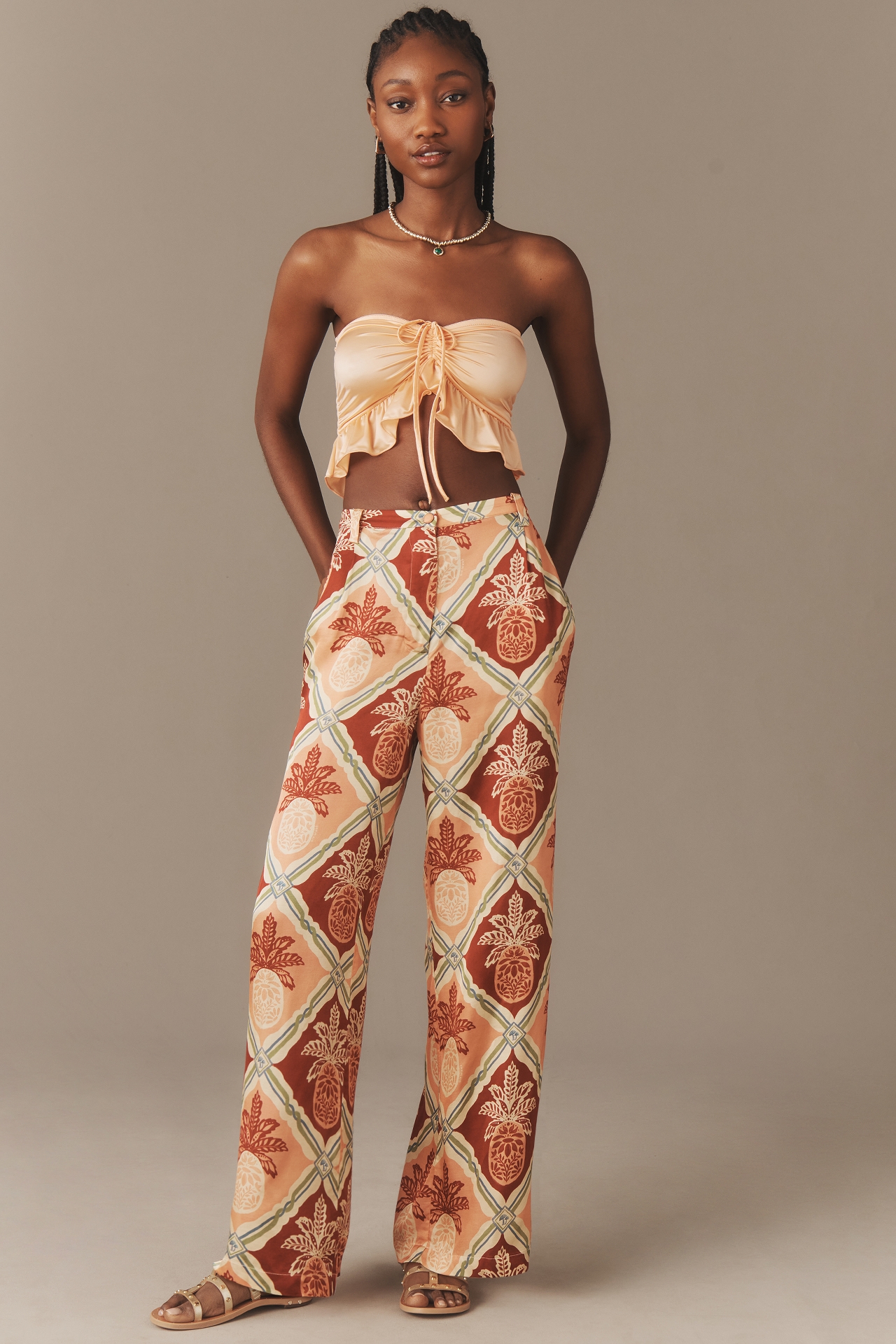 Farm Rio x Anthropologie Pineapple Satin Wide-Leg Pants