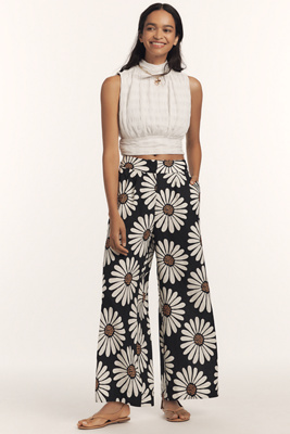 Shop Farm Rio X Anthropologie Linen Blend Daisy Wide-leg Pants In Black