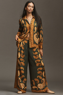 Farm Rio X Anthropologie Printed Wide-leg Pants In Green