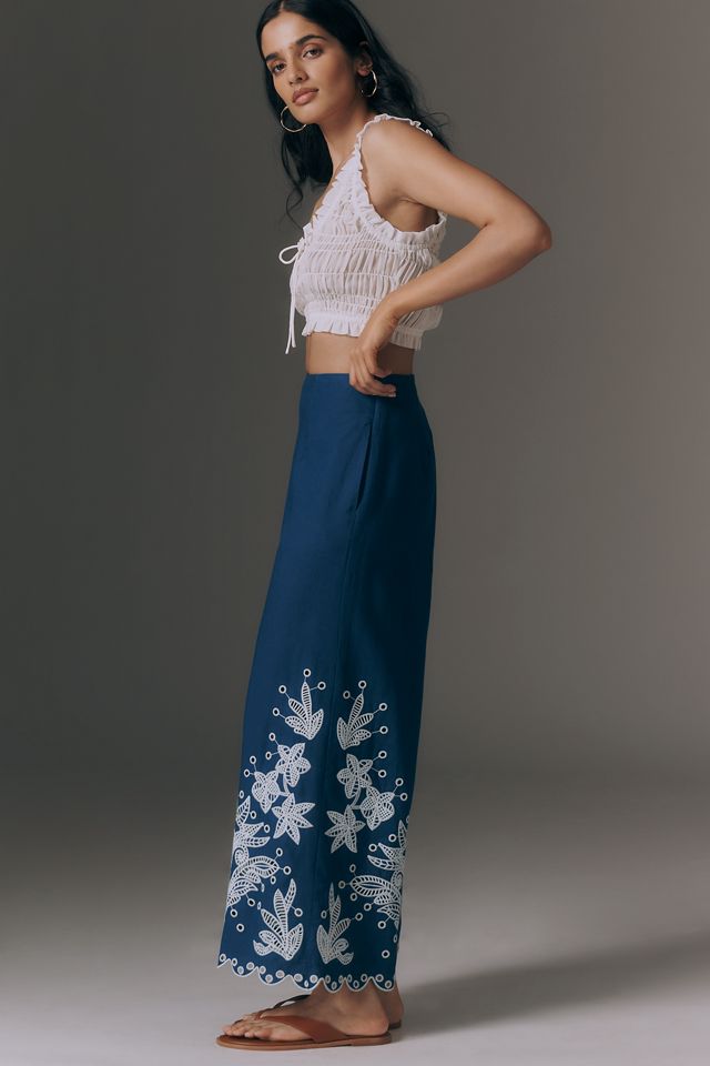 Farm Rio Linen Blend Crochet Flower Pants | Anthropologie