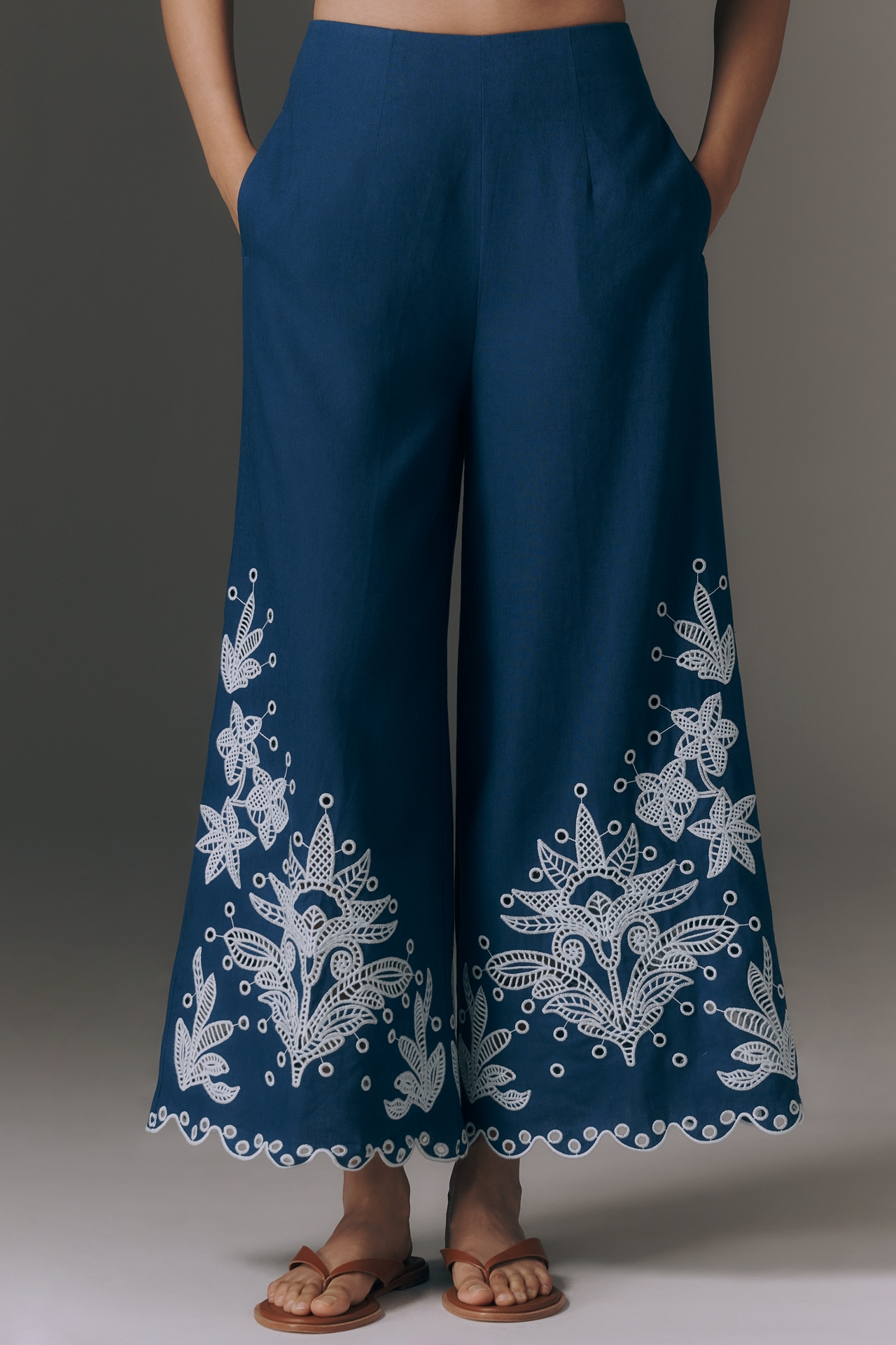 Farm Rio Linen Blend Crochet Flower Pants