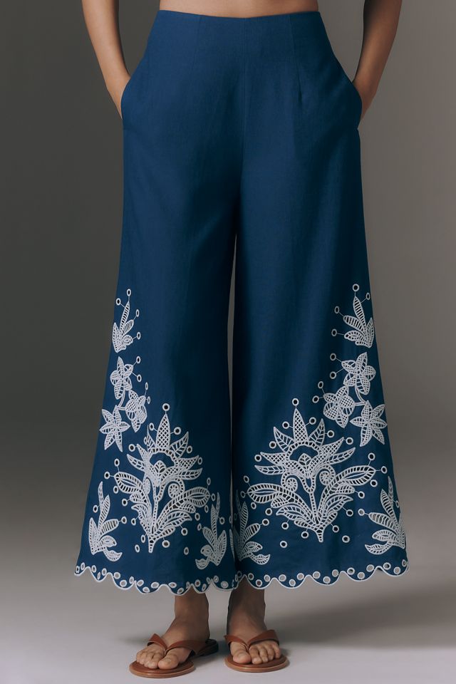 Farm Rio Linen Blend Crochet Flower Pants | Anthropologie