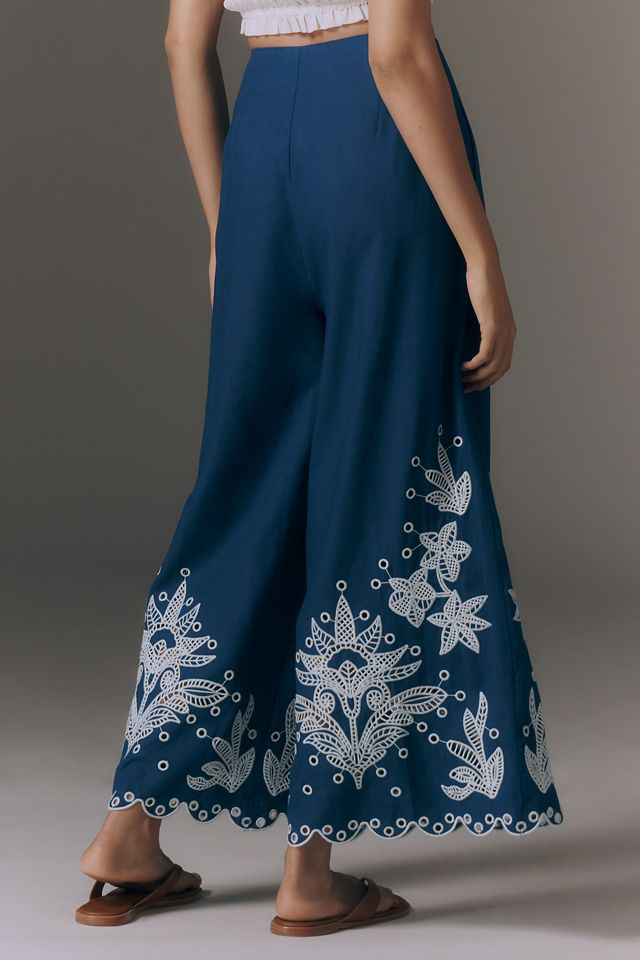 Farm Rio Linen Blend Crochet Flower Pants | Anthropologie