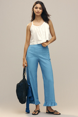 Maeve The Colette Magic Fabric Ruffle-hem Crop Wide-leg Pants By  In Blue