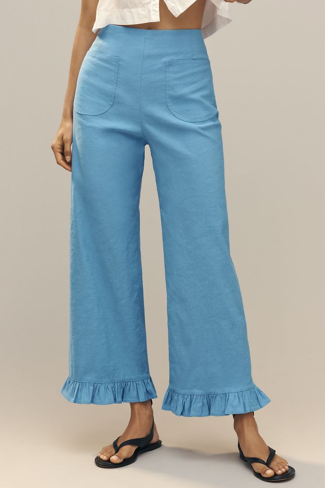 Maeve Colette Ruffle-Hem High Rise Wide Leg Pants in Magic Fabric