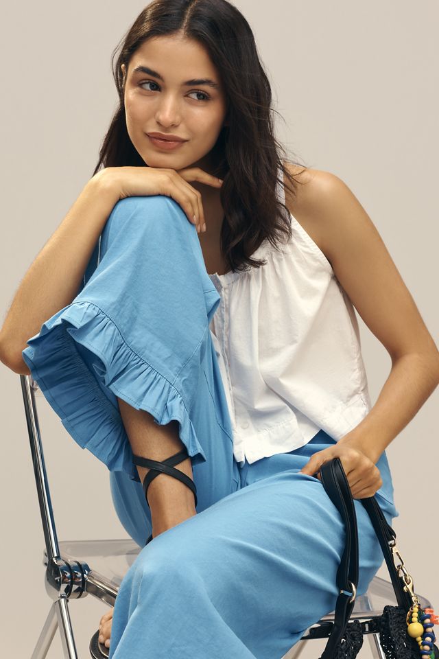 セール★【Anthropologie】ブルーのきれいな ブランケット Maeve Colette Ruffle-Hem High Rise Wide Leg Pants in Magic Fabric