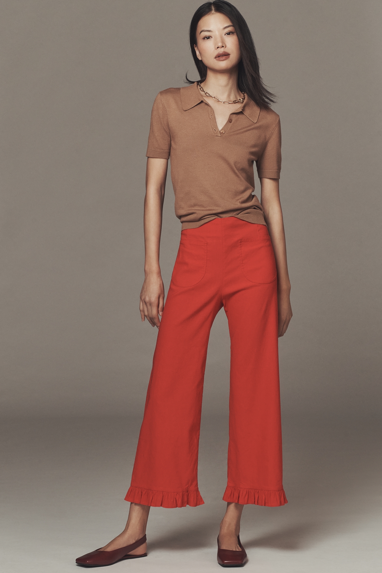 Maeve Colette Ruffle-Hem High-Rise Wide-Leg Pants Magic Fabric