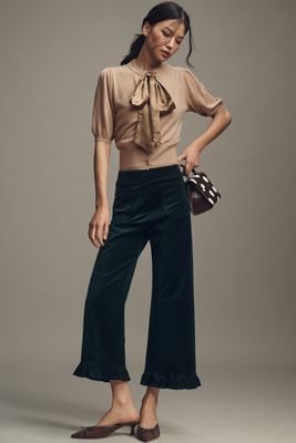 The Colette Crop Velvet Ruffle-Hem Pants by Maeve
