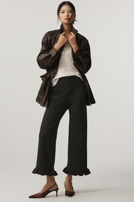 The Colette Collection By Maeve The Colette Crop Tweed Ruffle-hem Trousers By Maeve In Brown