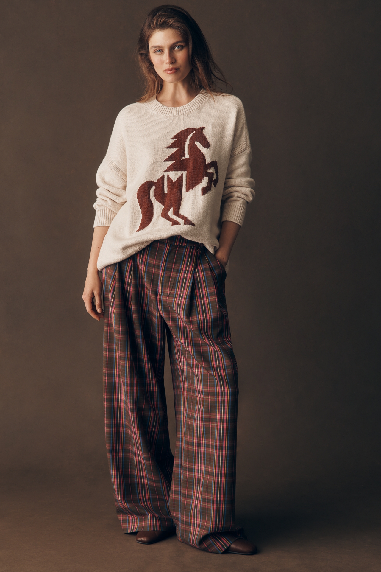 Avery Plaid Wide-Leg Trousers by Maeve