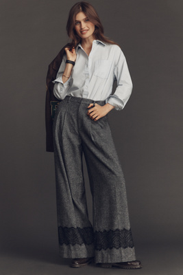 Maeve The Avery Pleated Wide-leg Tweed Lace Trousers By  Pants In Gray