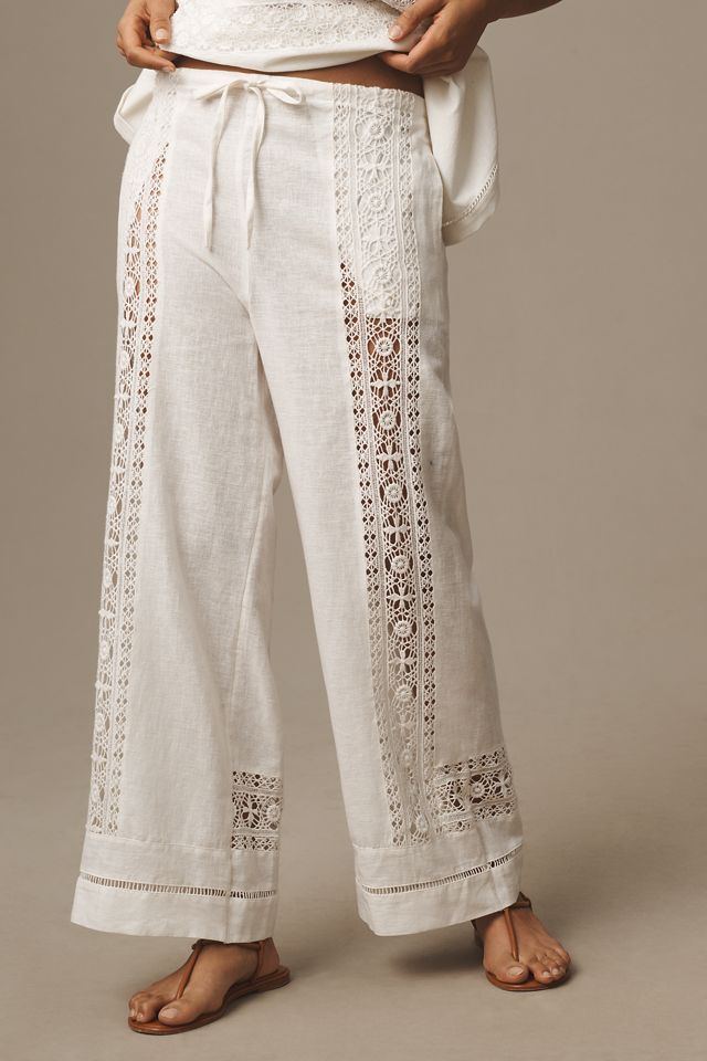 By Anthropologie Linen Lace Pull-On Trousers  #1