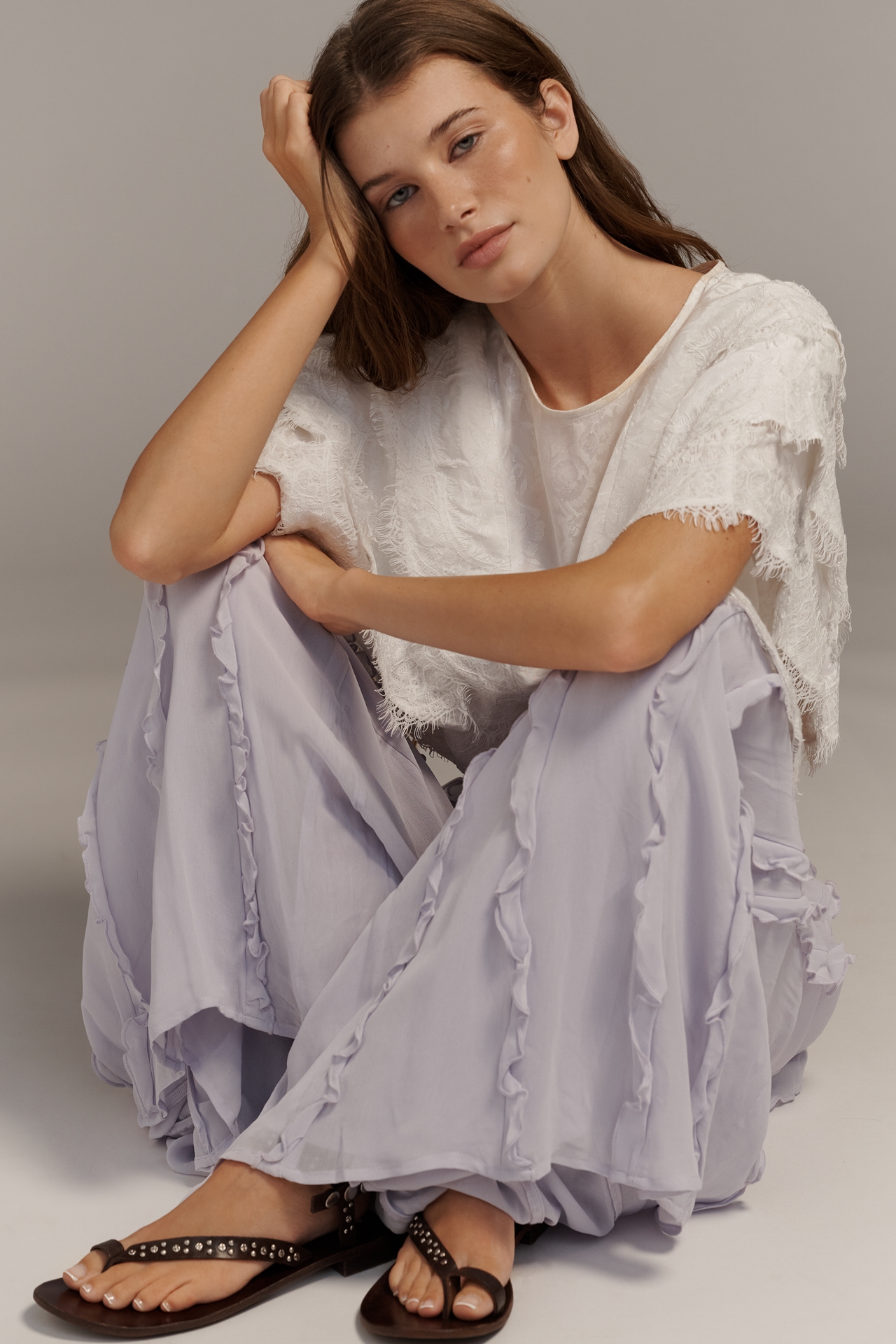 By Anthropologie Sheer Ruffle Flare Pants