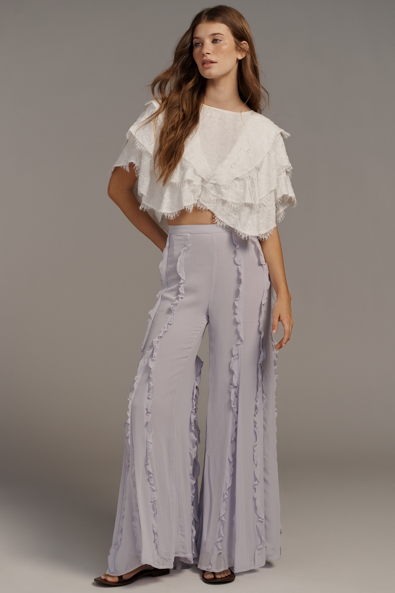 By Anthropologie Sheer Ruffle Flare Pants