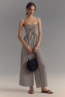 Bishop + Young Elva Strapless Tie-front Striped Jumpsuit In Blue